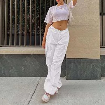 NHCDFA Parachute Pants for Women, Cargo Pants Women Baggy, Y2K Low Waist Wide Leg Baggy Relaxed Jogger Pants Off White 1 S