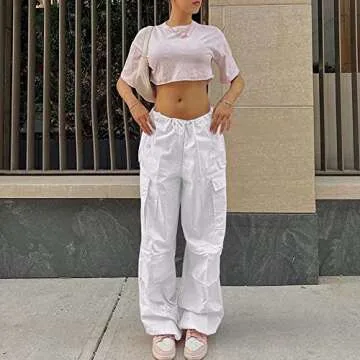NHCDFA Parachute Pants for Women, Cargo Pants Women Baggy, Y2K Low Waist Wide Leg Baggy Relaxed Jogger Pants Off White 1 S