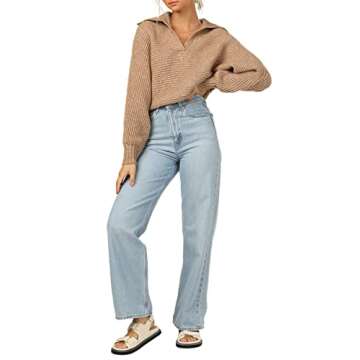 HZSONNE Women's Lapel Collar V Neck Soft Sweater Solid Long Sleeve Cozy Pullover Tops Knitwear (Khaki, Small)