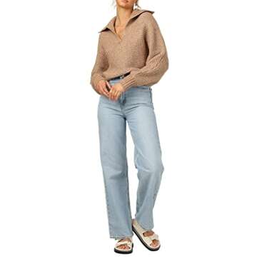 HZSONNE Women's Lapel Collar V Neck Soft Sweater Solid Long Sleeve Cozy Pullover Tops Knitwear (Khaki, Small)