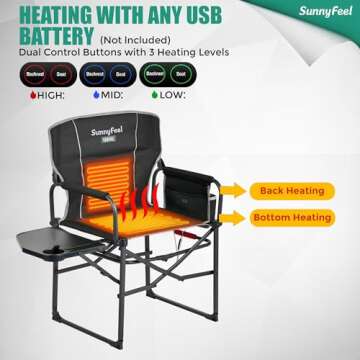 SUNNYFEEL Heated Camping Directors Chair, Heavy Duty,Oversized Outdoor Portable Heating Folding Chair with Side Table, Pocket for Beach, Fishing,Trip,Picnic,Lawn,Concert Foldable Camp Chairs
