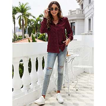 Micoson Women Chiffon Tunic Tops Button Down Blouse Long Sleeve Lapel Collar Blouse Shirts Wine Red Large