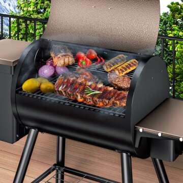 KingChii 456 SQ.IN Pellet Grill Smoker with Side Shelf, BBQ Grill with PID Temperature Control for Outdoor Cooking, BBQ Camping and Patio, Brown(Cover Including)