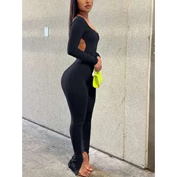 Annystore Women's Sexy Long Sleeve Bodycon Jumpsuit Scoop Neck Backless Split Stacked Flare Pants One Piece Outfits Rompers Party Clubwear Black M