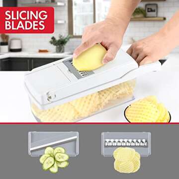 Ourokhome Vegetable Chopper Onion Cutter, 12 in 1 Professional Mandoline Slicer for Kitchen, Multifunctional Food Chopper for Potato, Tomato, Veggie with Strainer Basket, 8 Blades, White