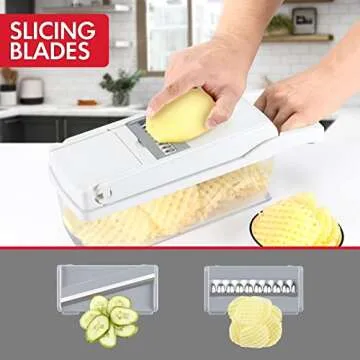 Ourokhome Vegetable Chopper Onion Cutter, 12 in 1 Professional Mandoline Slicer for Kitchen, Multifunctional Food Chopper for Potato, Tomato, Veggie with Strainer Basket, 8 Blades, White