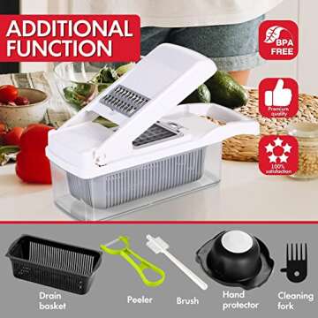 Ourokhome Vegetable Chopper Onion Cutter, 12 in 1 Professional Mandoline Slicer for Kitchen, Multifunctional Food Chopper for Potato, Tomato, Veggie with Strainer Basket, 8 Blades, White
