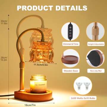 OHBET Candle Warmer Lamp with Timer, Candle Lamp Warmer with Dimmer & Height Adjustable, Flower Lamp Candle Warmer for Jar Candles, Dimmable Candle Warmer Lamp with 2 Bulbs (Gold)