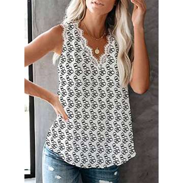 VIISHOW Women's V Neck Lace Trim Casual Tank Tops with Lace Trim, Black Circle White, Small