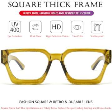 AIEYEZO Square Thick Frame Glasses for Women Men Fashion Blue Light Glasses Trendy Chic Computer Eyeglasses (Olive Green)
