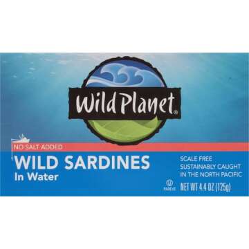 Wild Planet Wild Sardines in Water, No Salt Added, Tinned FIsh, Sustainably Wild-Caught, Non-GMO, Kosher, Gluten Free, Keto and Paleo, 4.4 Ounce, Single Unit