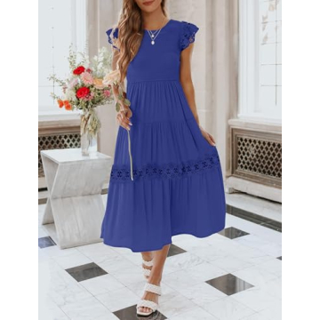 ZESICA Women's Casual Crew Neck Flutter Sleeve Smocked High Waist Hollow Out Lace Trim Tiered A Line Midi Dress,RoyalBlue,Small