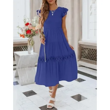 ZESICA Women's Casual Crew Neck Flutter Sleeve Smocked High Waist Hollow Out Lace Trim Tiered A Line Midi Dress,RoyalBlue,Small