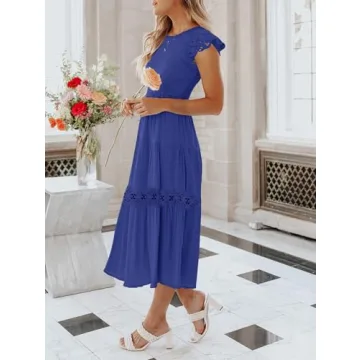 ZESICA Women's Casual Crew Neck Flutter Sleeve Smocked High Waist Hollow Out Lace Trim Tiered A Line Midi Dress,RoyalBlue,Small