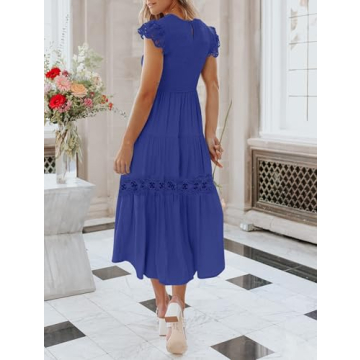 ZESICA Women's Casual Crew Neck Flutter Sleeve Smocked High Waist Hollow Out Lace Trim Tiered A Line Midi Dress,RoyalBlue,Small