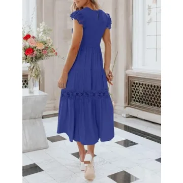 ZESICA Women's Casual Crew Neck Flutter Sleeve Smocked High Waist Hollow Out Lace Trim Tiered A Line Midi Dress,RoyalBlue,Small