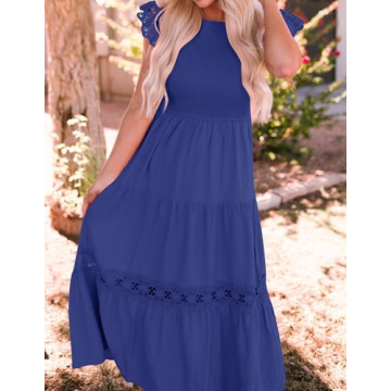 ZESICA Women's Casual Crew Neck Flutter Sleeve Smocked High Waist Hollow Out Lace Trim Tiered A Line Midi Dress,RoyalBlue,Small