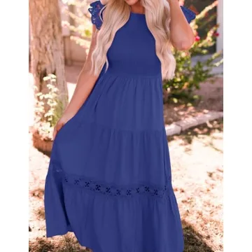 ZESICA Women's Casual Crew Neck Flutter Sleeve Smocked High Waist Hollow Out Lace Trim Tiered A Line Midi Dress,RoyalBlue,Small