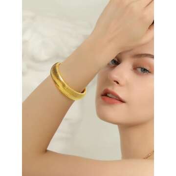 KeyStyle Bangle Bracelets for Women, Stainless Steel Stretch Bracelet Flexible Wide Link Chain Gold Wristband GoldChic Twisted Jewelry, 10mm, 16mm, 20mm