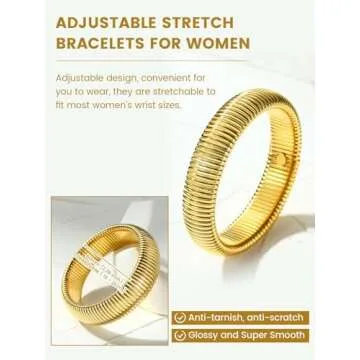 KeyStyle Bangle Bracelets for Women, Stainless Steel Stretch Bracelet Flexible Wide Link Chain Gold Wristband GoldChic Twisted Jewelry, 10mm, 16mm, 20mm
