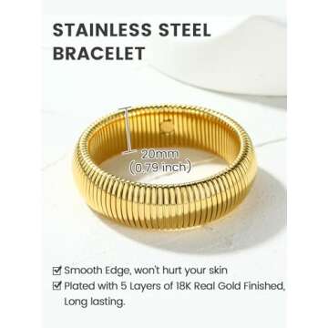 KeyStyle Bangle Bracelets for Women, Stainless Steel Stretch Bracelet Flexible Wide Link Chain Gold Wristband GoldChic Twisted Jewelry, 10mm, 16mm, 20mm