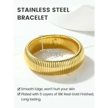 KeyStyle Bangle Bracelets for Women, Stainless Steel Stretch Bracelet Flexible Wide Link Chain Gold Wristband GoldChic Twisted Jewelry, 10mm, 16mm, 20mm