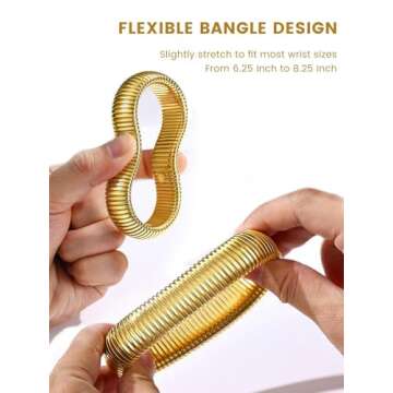 KeyStyle Bangle Bracelets for Women, Stainless Steel Stretch Bracelet Flexible Wide Link Chain Gold Wristband GoldChic Twisted Jewelry, 10mm, 16mm, 20mm