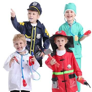 TopTie 4 Sets Kids Costumes w/Storage Box for Age 3-7, Children Dress Up Uniforms Fireman Doctor Pol...