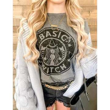 OUNAR Basic Witch Coffee T Shirts for Women Halloween Graphic Letter Print Shirt with Funny Sayings ...