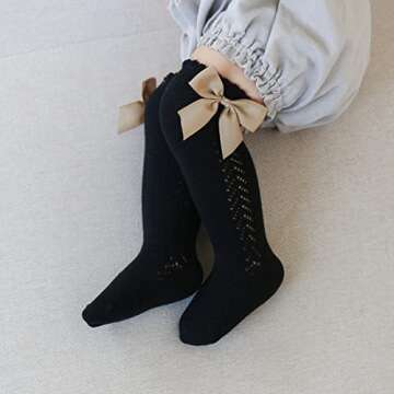 Taous Assam Baby Girls Knee High Socks Toddler Mesh Bowknot Breathable Dress Socks Little Girls Cotton Tube Stockings