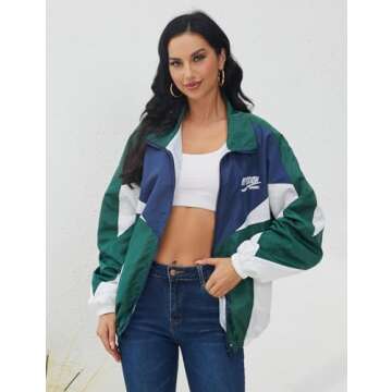 Wyeysyt Women's Y2k Jacket Zip Up Lightweight Windbreaker Jacket Varsity Oversized Vintage Sport Jac...