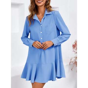 Fisoew Womens Casual Button Down Shirt Dress Long Sleeve Collared Pleated Swing Mini Dresses Blue