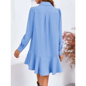Fisoew Womens Casual Button Down Shirt Dress Long Sleeve Collared Pleated Swing Mini Dresses Blue