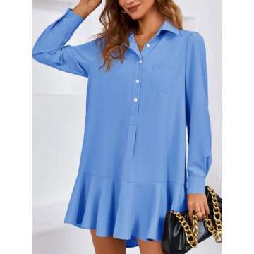 Fisoew Womens Casual Button Down Shirt Dress Long Sleeve Collared Pleated Swing Mini Dresses Blue