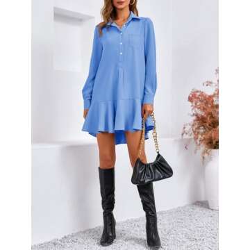 Fisoew Womens Casual Button Down Shirt Dress Long Sleeve Collared Pleated Swing Mini Dresses Blue