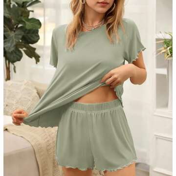 Ekouaer Womens Pajamas 2 Piece Ribbed Knit Pjs Short Sleeve Sleepwear Set Summer Soft Pajamas Set Casual Lounge Sets Light Green XL