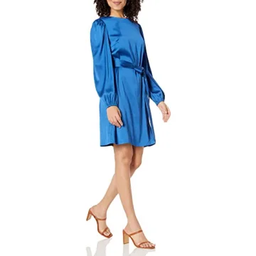Elegant Women’s Belted Silky Stretch Dress in Classic Blue