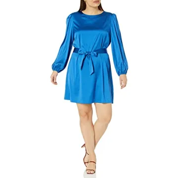 Elegant Women’s Belted Silky Stretch Dress in Classic Blue