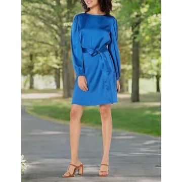 Elegant Women’s Belted Silky Stretch Dress in Classic Blue