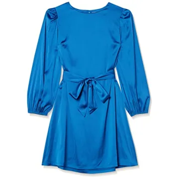 Elegant Women’s Belted Silky Stretch Dress in Classic Blue