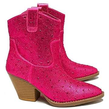 Women's Rhinestone Block Heel Ankle Boots River-01 By Forever Fuchsia 8.5