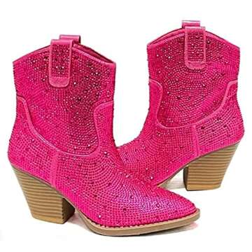 Women's Rhinestone Block Heel Ankle Boots River-01 By Forever Fuchsia 8.5