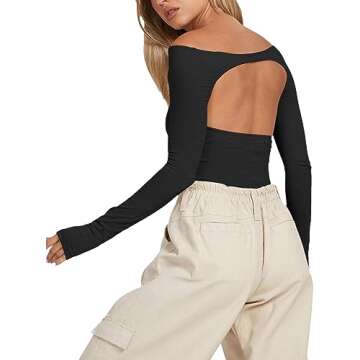 popvil Women's Sexy Backless Long Sleeve Bodysuit Halter Bodycon Off Shoulder Body Suit Black X-Large