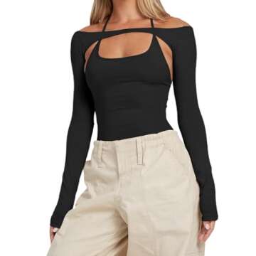 popvil Women's Sexy Backless Long Sleeve Bodysuit Halter Bodycon Off Shoulder Body Suit Black X-Large