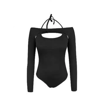 popvil Women's Sexy Backless Long Sleeve Bodysuit Halter Bodycon Off Shoulder Body Suit Black X-Large