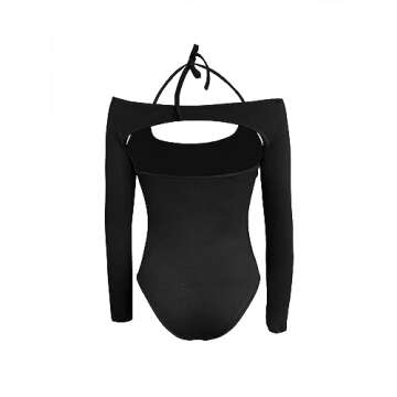 popvil Women's Sexy Backless Long Sleeve Bodysuit Halter Bodycon Off Shoulder Body Suit Black X-Large