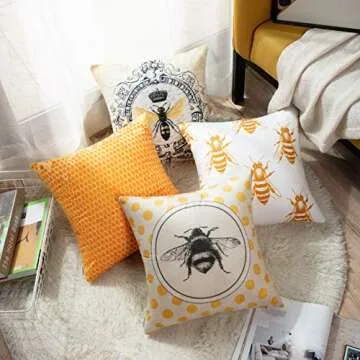 Emvency Set of 4 Throw Pillow Covers Bee Honey Yellow Modern Vintage French Queen Entomology with Bees Decorative Pillow Cases Home Decor Square 20x20 Inches Pillowcases