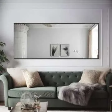 NeuType Full Length Mirror Hanging or Leaning Against Wall, Large Rectangle Bedroom Mirror Floor Mirror Dressing Mirror Wall-Mounted Mirror,Aluminum Alloy Thin Frame,Black,59"x20",with Stand