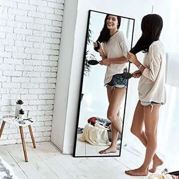 NeuType Full Length Mirror Hanging or Leaning Against Wall, Large Rectangle Bedroom Mirror Floor Mirror Dressing Mirror Wall-Mounted Mirror,Aluminum Alloy Thin Frame,Black,59"x20",with Stand