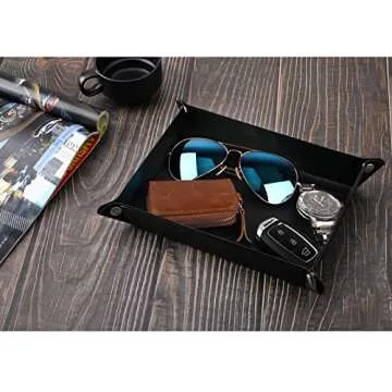 Luxspire Valet tray, PU Leather Tray, Catchall Tray, Men Women Jewelry Key Tray, Desk Storage Plate for Key Coin Phone Jewelry Wallet, Medium Size - Black